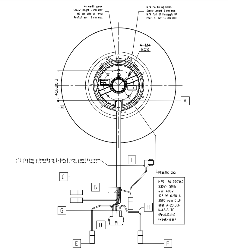 TKFAN 220mm AC Centrifugal Fan Rear View and Wiring